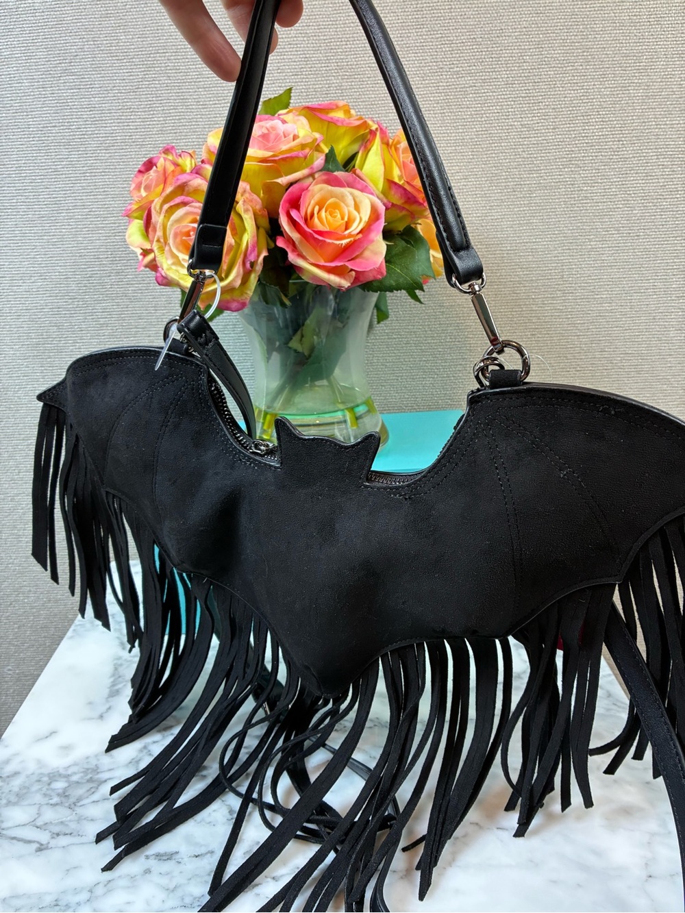 Betsey Johnson Black Fringed Bat in Faux Suede XOBLAIRE Convertible Bag - HTF - Picture 4 of 7